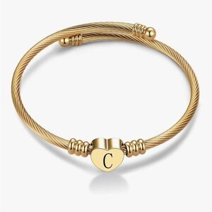 Initial C 14kt plated Gold Heart cuff Bracelet adjustable